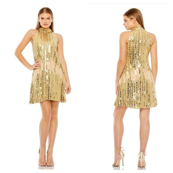 Mac Duggal High Neck Sleeveless Sequin Swing Mini Dress Nude Gold Size M NWT - Picture 1 of 13